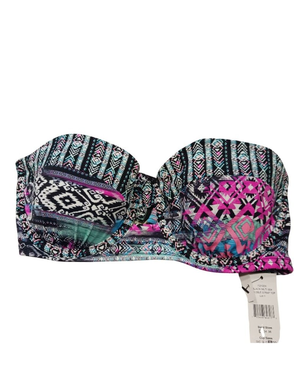 Adjustable Double Strap Bikini Top Size 32D Underwire Support Multicolor Tribal